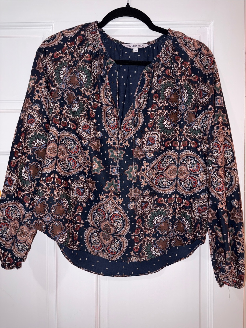 Veronica Beard Navy Paisley V-Neck Blouse